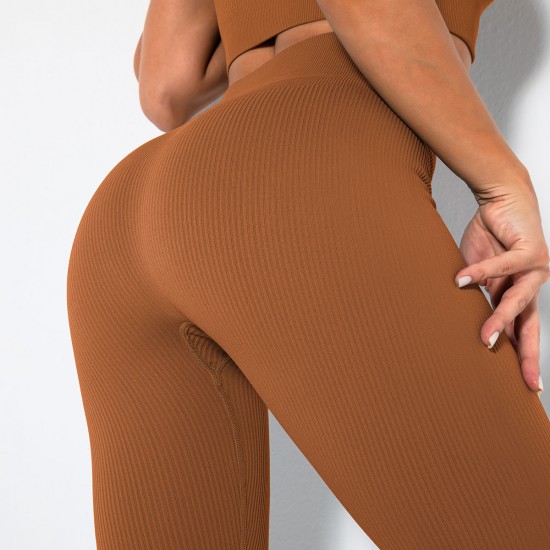 Yoga Leggings, New Export Style, Spring/Summer, Solid-Color, Elastic, Hip-Performing, Fitness, Ribbed Pants for Women
