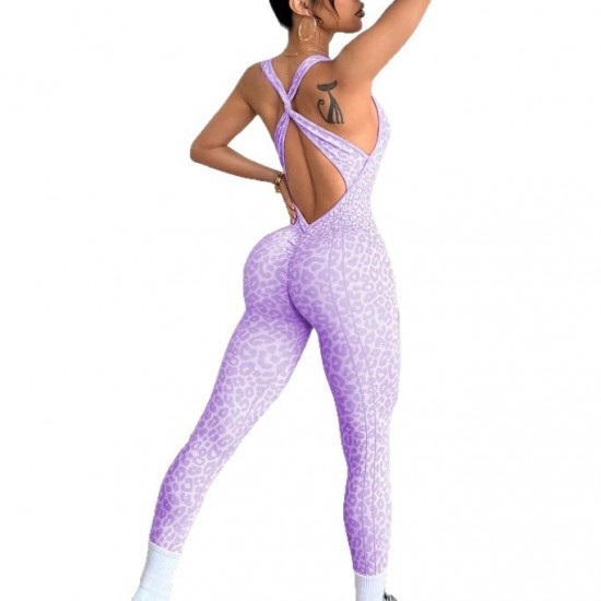 In Stock & New European and American Summer Leopard Print Yoga Bodysuit, Sexy V-Neck, Backless, Slimming Halter Bodysuit.
