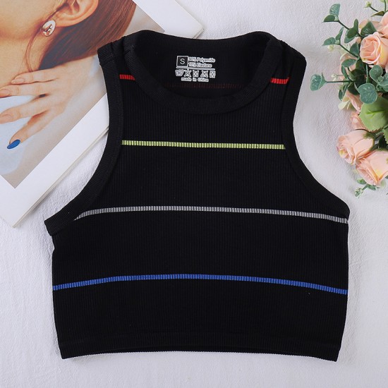 Retro American-style colorful striped knitted vest for women, summer base layer, halter top for outerwear.