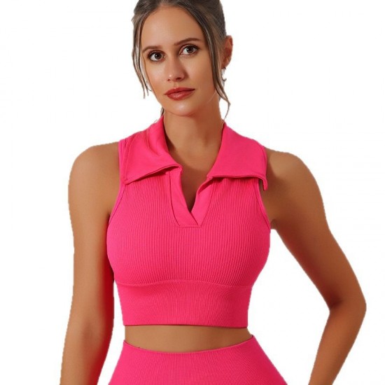 Polo lapel vest with ribbed bra pads for women, slimming and transparent for running. Airy sleeveless yoga fitness top