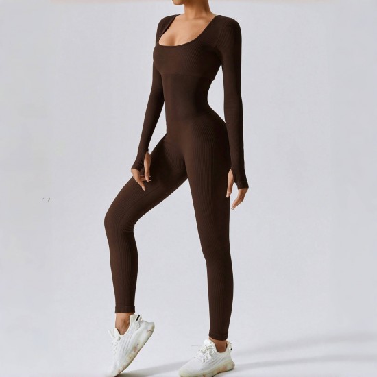 Cross-border dropshipping: Classic Autumn/Winter Long-Sleeved Women's Ribbed Bodysuit with High Elasticity for Fitness and Yoga.