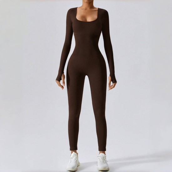 Cross-border dropshipping: Classic Autumn/Winter Long-Sleeved Women's Ribbed Bodysuit with High Elasticity for Fitness and Yoga.