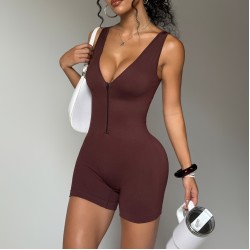 New European and American Seamless Front Zipper Yoga Bodysuit, Tight Sexy Fitness Running Bodysuit