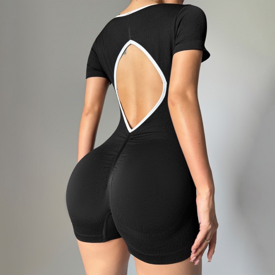 Cross-border Hot-Selling Backless Hip-Lifting Bodysuit, Contrast Color Tights, Sports Bodybuilding, Seamless Yoga Bodysuit Shorts.
