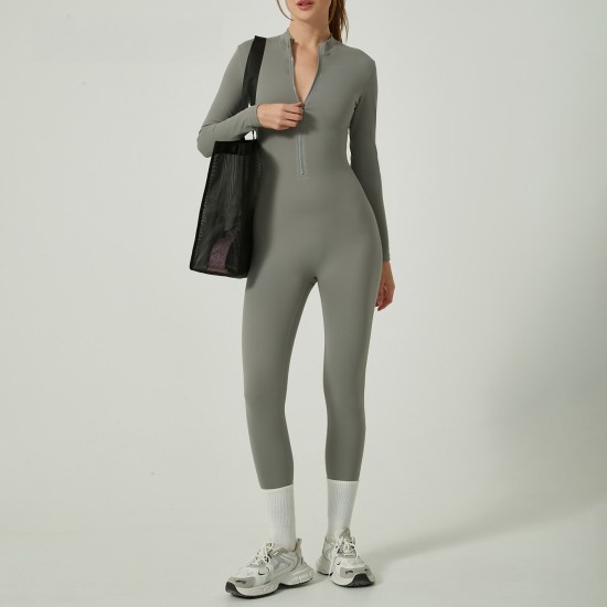 2025 cross-border solid color long-sleeved zippered yoga jumpsuit, European and American high-neck slimming fitness jumpsuit for outerwear.