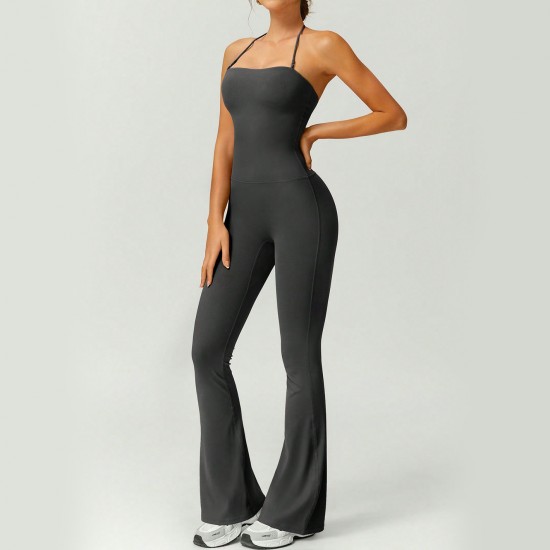 Cross-border best-selling fashion slim-fit flared jumpsuit for women, featuring a beautiful back and hip-lifting fitness yoga jumpsuit. Suitable for outdoor wear.