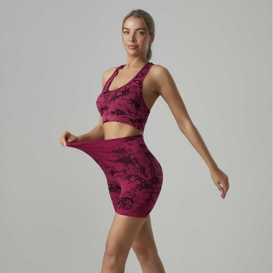 Cross-border High-Waisted Abdominal-Controlling Fitness Short-Sleeve Quick-Drying Tight Running Pants, Tie-Dye Jacquard Yoga Pants for Women