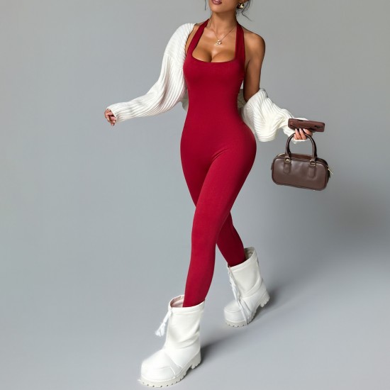 New European and American halter-neck sexy yoga bodysuit for women, tights, quick-drying, hip-lifting, and fitness bodysuit.
