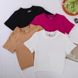 New cross-border round-neck T-shirt, Amazon yoga short-sleeved ribbed cotton spring/summer pullover top.