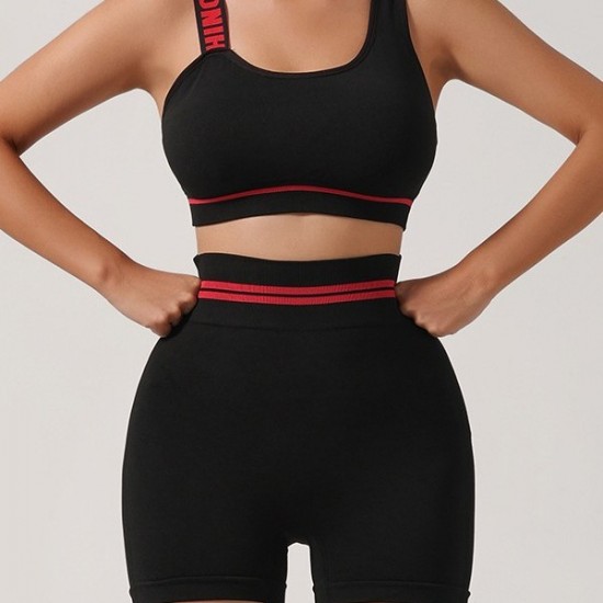 Cross-border one-shoulder, English-style, beautiful back, elastic push-up sports bra, running and fitness three-quarter pants set.