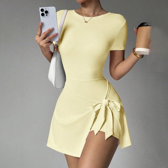 European and American fake two-piece tight sports dress, sexy slit straps, U-shaped back bodysuit.