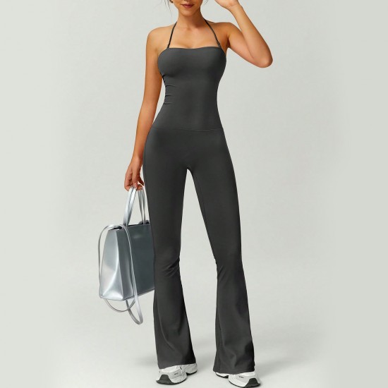 Cross-border best-selling fashion slim-fit flared jumpsuit for women, featuring a beautiful back and hip-lifting fitness yoga jumpsuit. Suitable for outdoor wear.