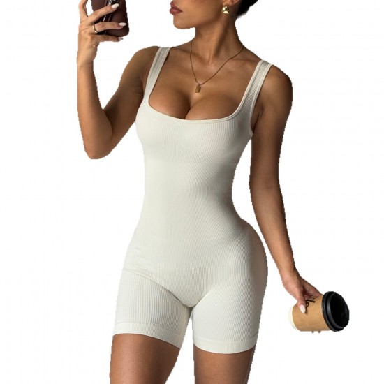 European and American classic seamless U-back bodysuit, solid color tight sports jumpsuit for women.