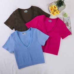 New cross-border V-neck T-shirt, Amazon yoga short-sleeved tights for spring/summer.