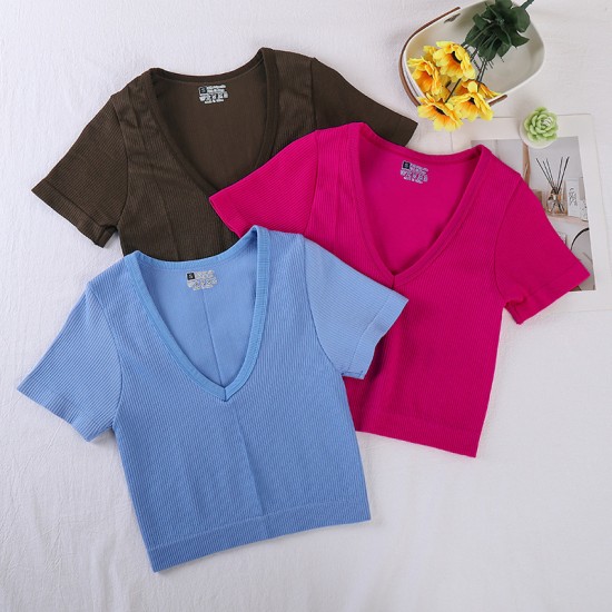 New cross-border V-neck T-shirt, Amazon yoga short-sleeved tights for spring/summer.