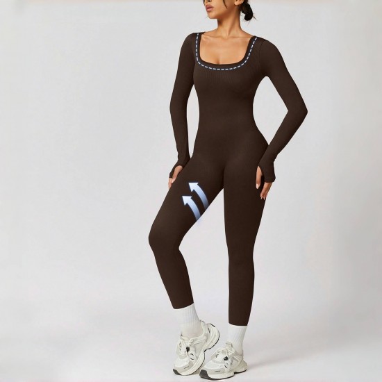 Cross-border dropshipping: Classic Autumn/Winter Long-Sleeved Women's Ribbed Bodysuit with High Elasticity for Fitness and Yoga.