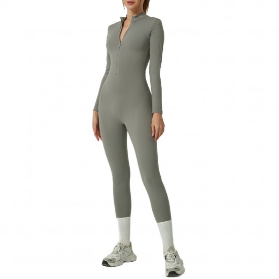 2025 cross-border solid color long-sleeved zippered yoga jumpsuit, European and American high-neck slimming fitness jumpsuit for outerwear.