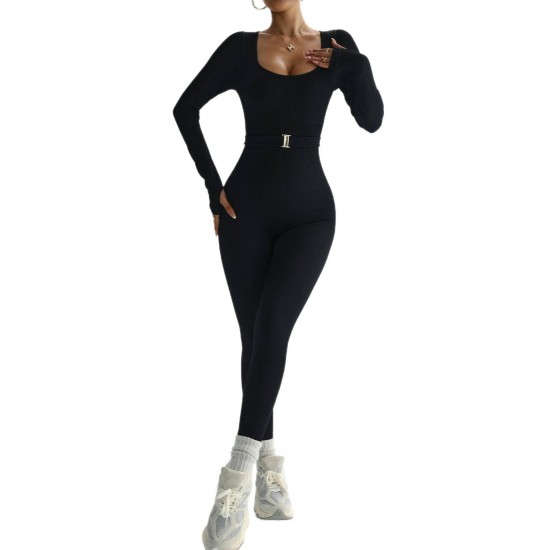 New cross-border seamless ribbed long-sleeved, high-elastic, tummy-control, body-shaping, fitness training, and yoga wear for women.